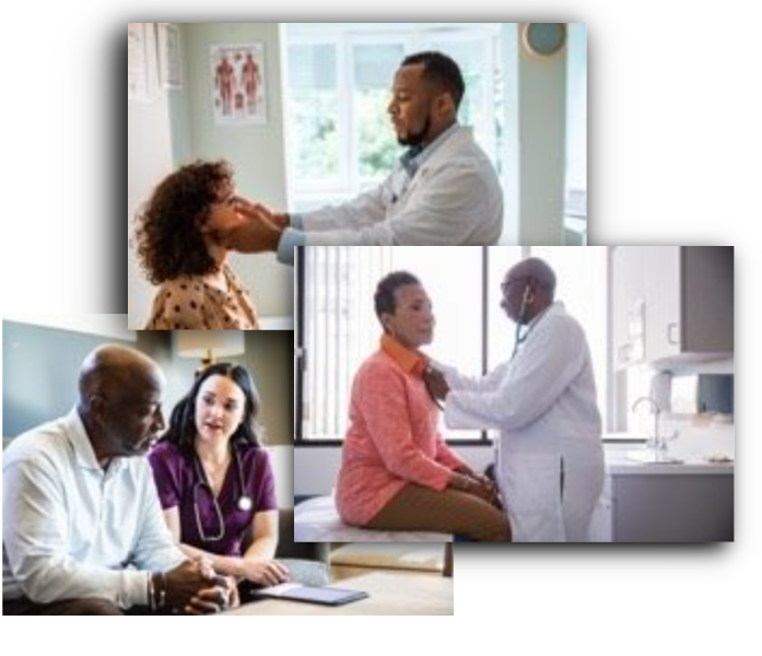 A collage featuring darker-skinned people in medical settings as both patients and providers, representing a variety of roles within the MyHealth MyLegacy community