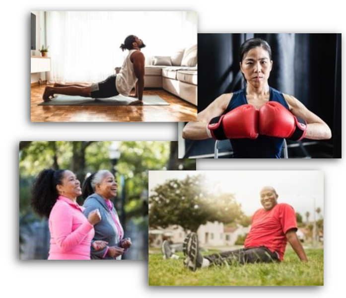 A collage featuring people of color participating in various forms of exercise as encouraged by the MyHealth MyLegacy community