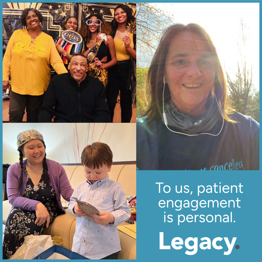 An image comprised of several photos of Legacy employees who deal with serious health concerns in their daily lives, along with text reading "To us, patient engagement is personal." The Legacy Health Strategies logo is below the text.