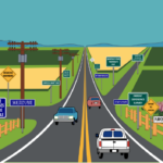 Illustration of cars on a road with numerous roadsigns. Shows that participants in studies face navigational challenges and need better communications for a better experience.